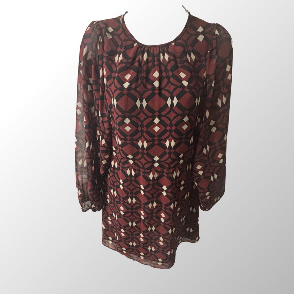 Zara Red Black Cream Geometric Print Long Bell Sleeve Mini Dress M- NWT